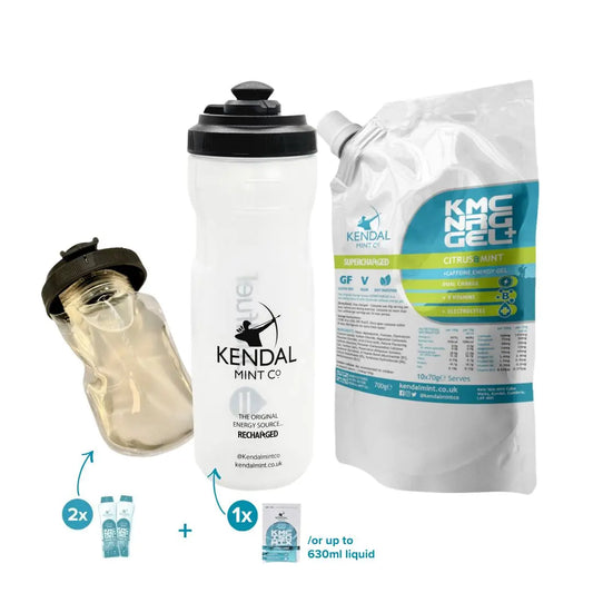 KMC NRG GEL+ Nachfüll- & DualFuel-Flaschen-Bundle – Citrus & Minze Koffein (10 x 70g)