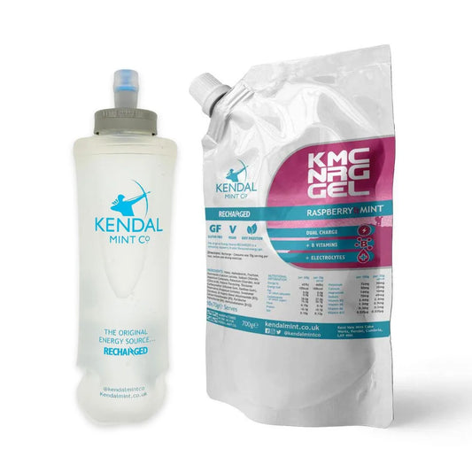 KMC NRG GEL Nachfüllbeutel & 500ml Flasche Set: Himbeere & Minze