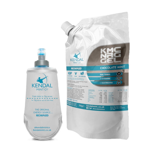 KMC NRG GEL Energy Gel Refill Pouch Chocolate Mint (10 x 70g Serves) - Kendal Mint Co® - Bundle: Refill Pouch & Flask