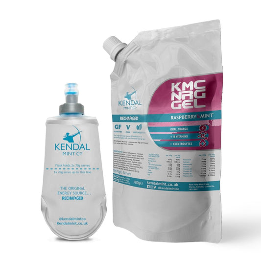 KMC NRG GEL Energy Gel Refill Pouch Raspberry & Mint (10 x 70g Serves) - Kendal Mint Co® - Bundle: Refill Pouch & Flask