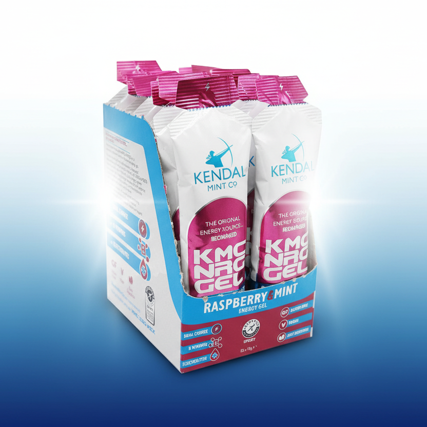 Packaging of Kendal Mint co raspberry mint energy gels on a gradient blue background