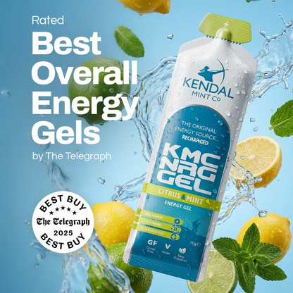 Kendal KMC energy gel with lemons and limes on a blue background, featuring The Telegraph's best buy rating.
