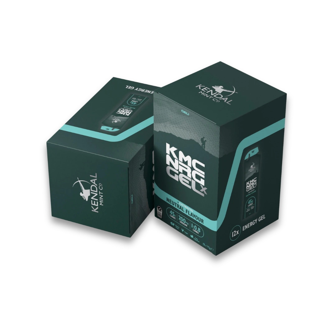 KMC GEL X 12-pack box of caffeine-free neutral cooling energy gels for endurance athletes in a box