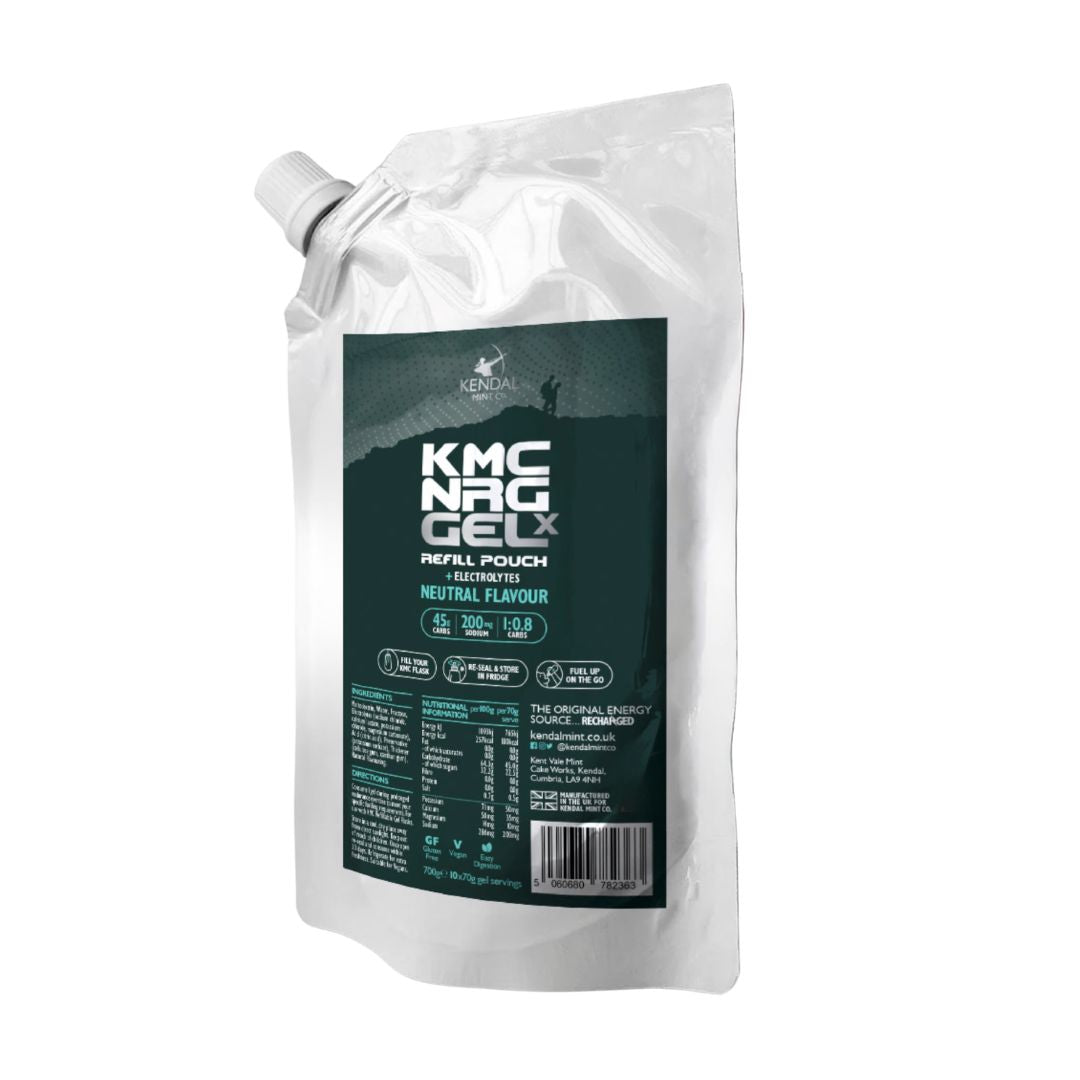 A white refill pouch of KMC NRG GEL X, neutral flavour, with a large dark green label on the front, shown on a plain white background.