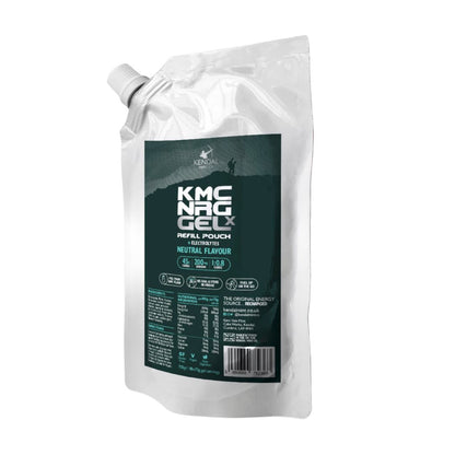A white refill pouch of KMC NRG GEL X, neutral flavour, with a large dark green label on the front, shown on a plain white background.
