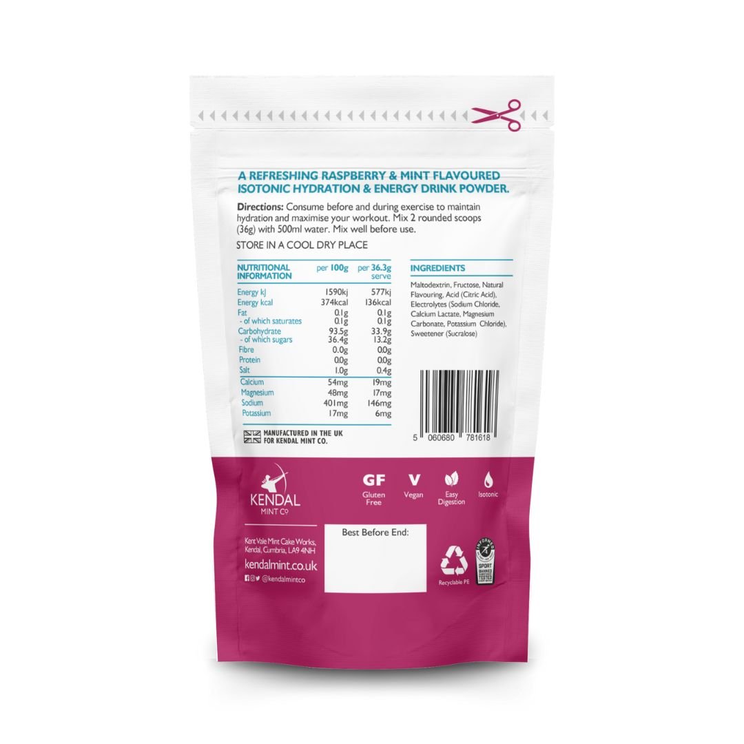 KMC ISO MIX Isotonic Hydration | Raspberry & Mint | Recyclable Pouch 1kg - 27 Serves - Inredients - Kendal Mint Co®