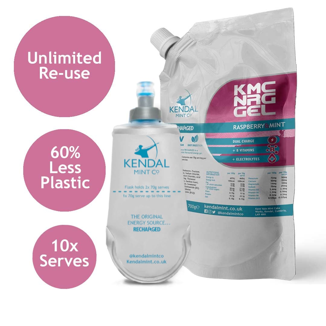KMC NRG GEL Energy Gel Refill Pouch Raspberry & Mint (10 x 70g Serves) -  Kendal Mint Co® - Bundle: Refill Pouch & Flask