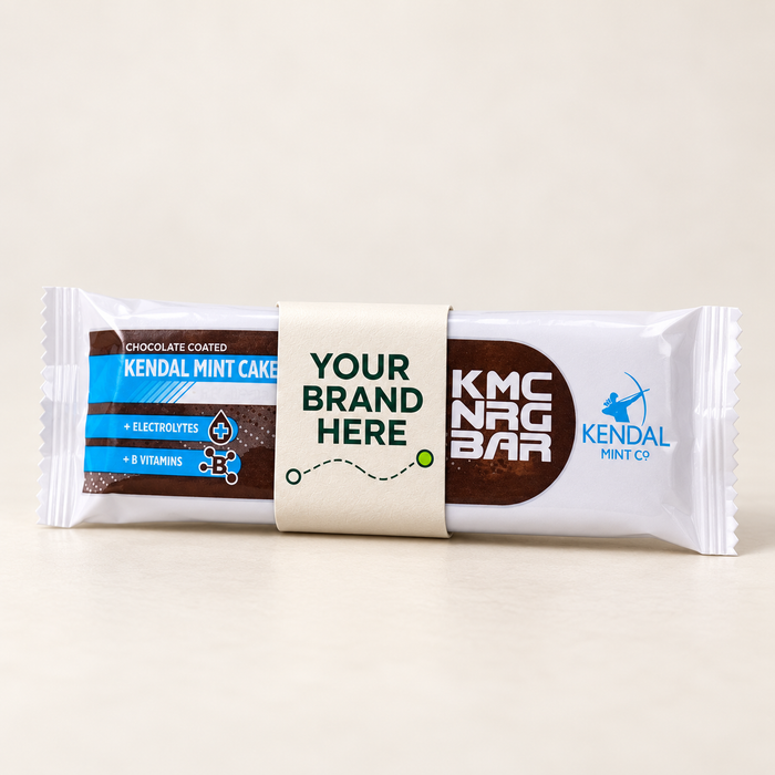 Example KMC chocolate-coated mint cake wrapper with Your Brand Here co-brand artwork