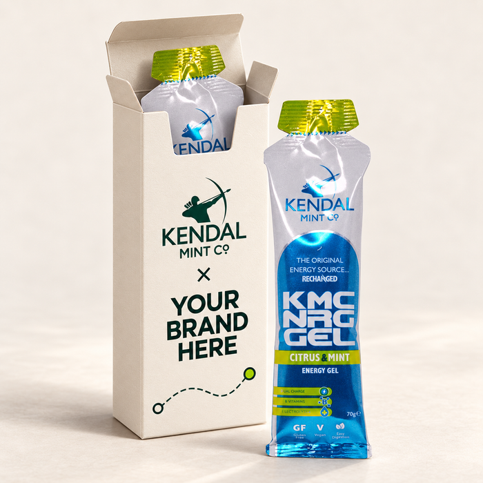 Example white KMC energy gel Ration Pack Box with Your Brand Here artwork and sealed gel sachets