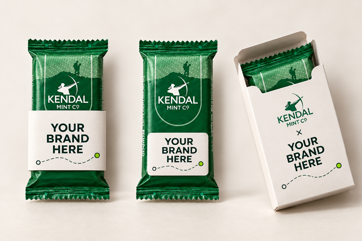 Example concepts for KMC mint cake packaging with Your Brand Here artwork