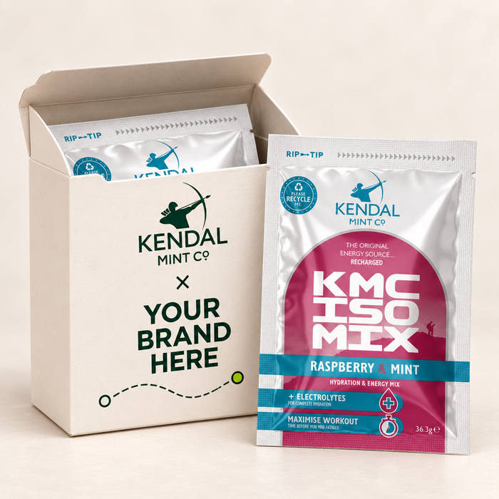 Example white KMC MIX Ration Pack Box with Your Brand Here artwork and sealed sachets